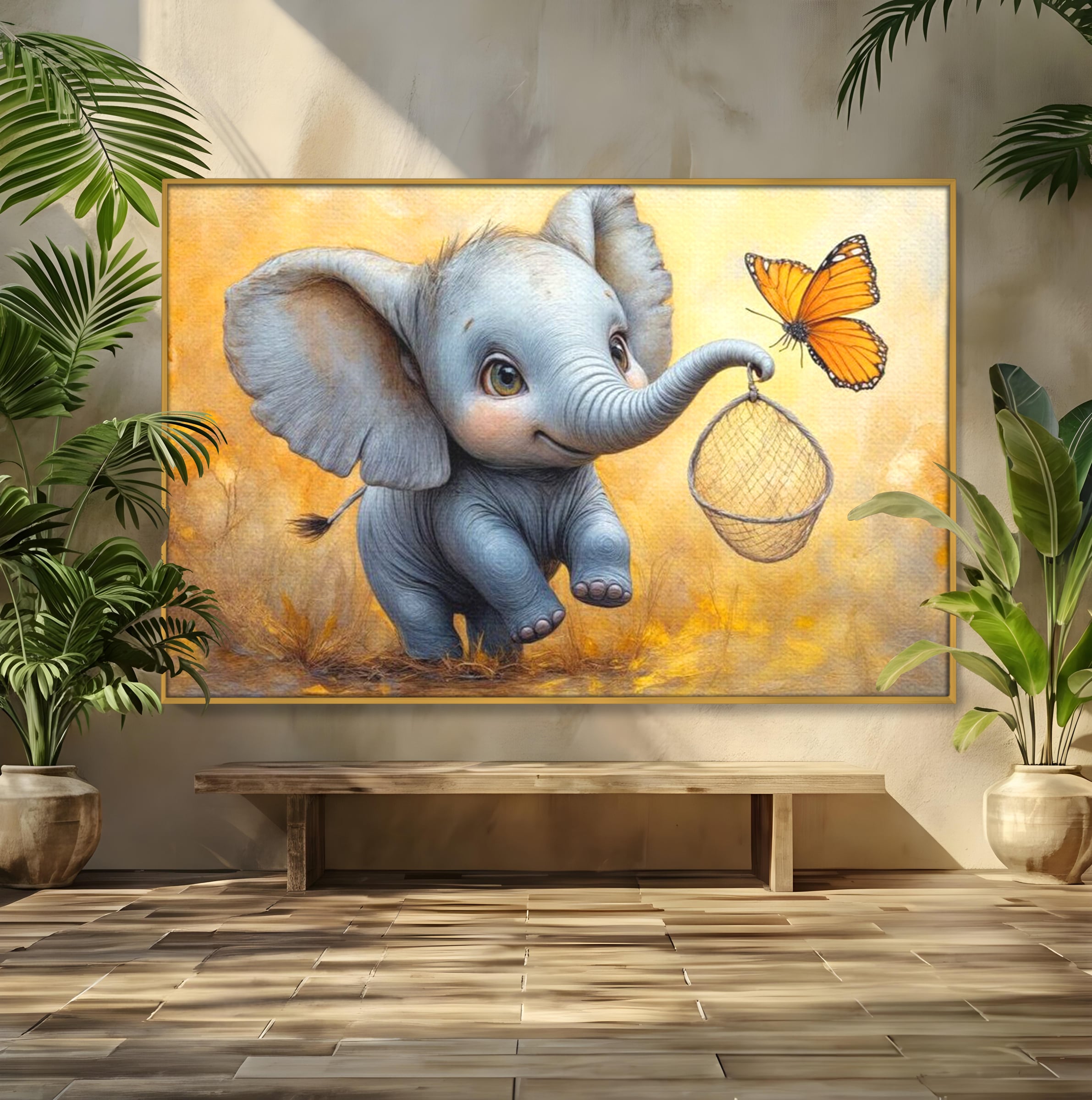 Tablou canvas cu ilustratie cu elefantel si fluture, in rama de aluminiu auriu